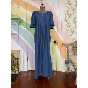 Pomander Place Chambray Cotton Maxi Dress Boho Caftan Blue Size L